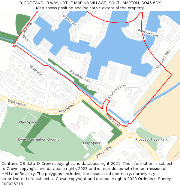 8, ENDEAVOUR WAY, HYTHE MARINA VILLAGE, SOUTHAMPTON, SO45 6DX: Location map and indicative extent of plot