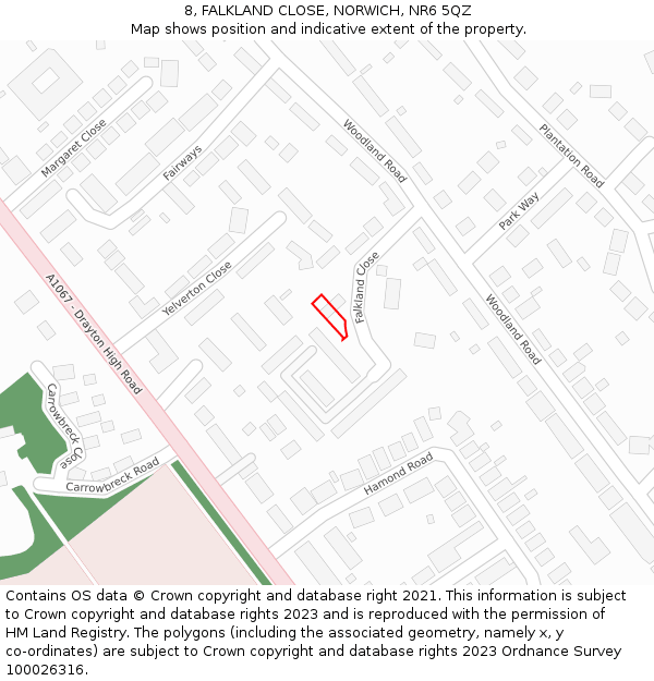 8, FALKLAND CLOSE, NORWICH, NR6 5QZ: Location map and indicative extent of plot