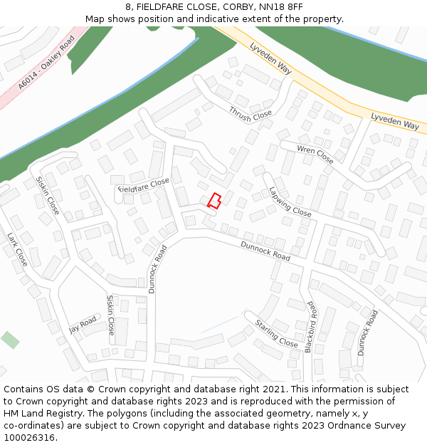 8, FIELDFARE CLOSE, CORBY, NN18 8FF: Location map and indicative extent of plot
