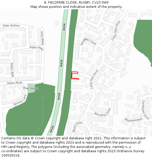 8, FIELDFARE CLOSE, RUGBY, CV23 0WS: Location map and indicative extent of plot
