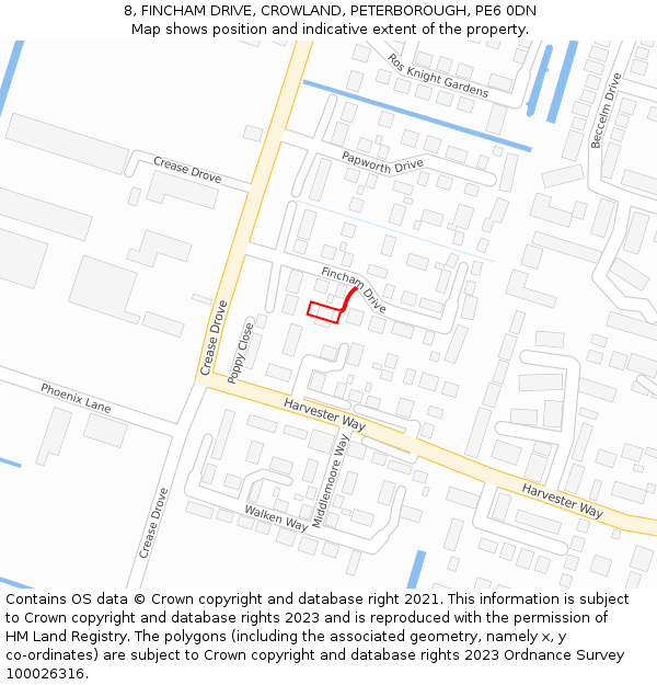 8, FINCHAM DRIVE, CROWLAND, PETERBOROUGH, PE6 0DN: Location map and indicative extent of plot