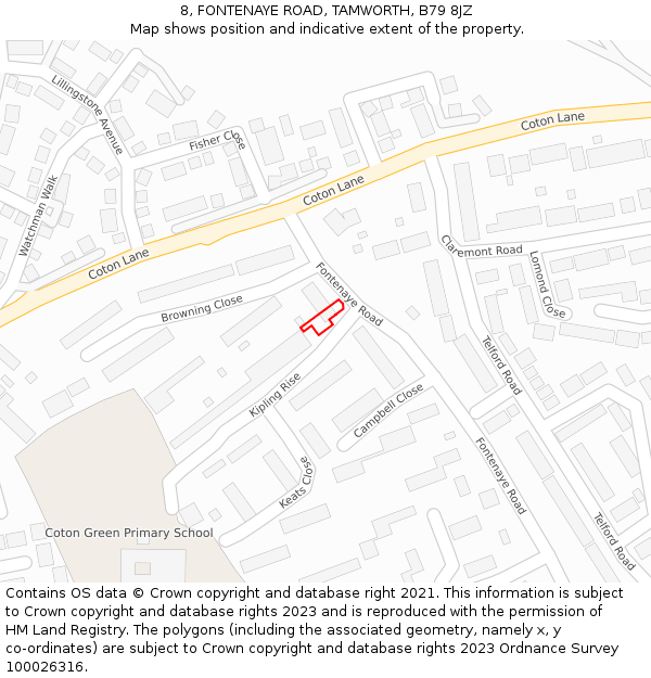 8, FONTENAYE ROAD, TAMWORTH, B79 8JZ: Location map and indicative extent of plot