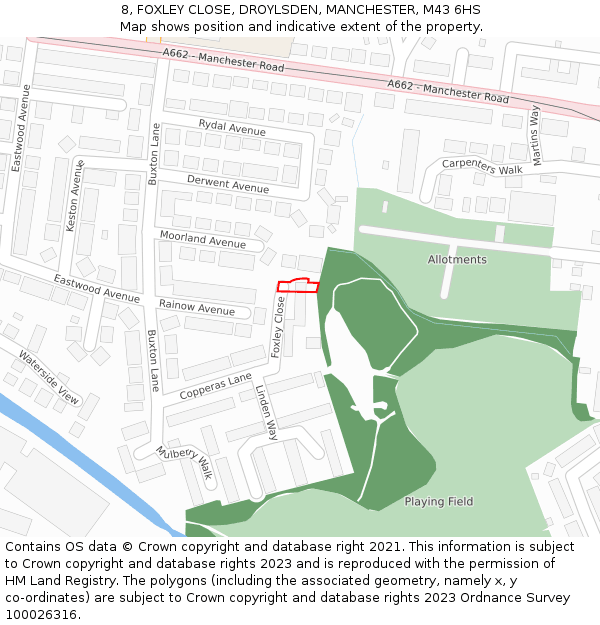 8, FOXLEY CLOSE, DROYLSDEN, MANCHESTER, M43 6HS: Location map and indicative extent of plot