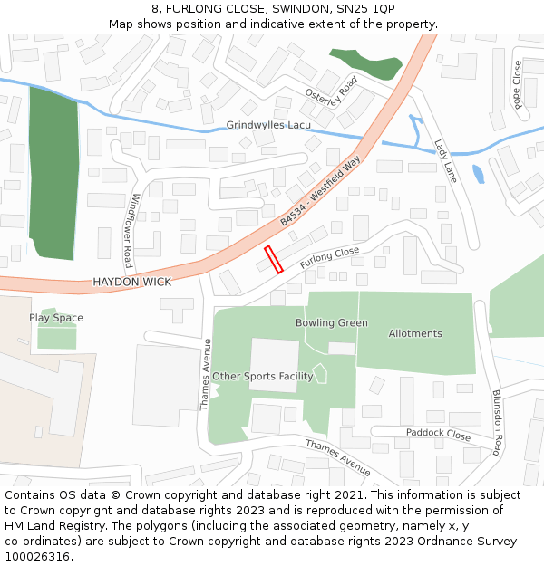 8, FURLONG CLOSE, SWINDON, SN25 1QP: Location map and indicative extent of plot