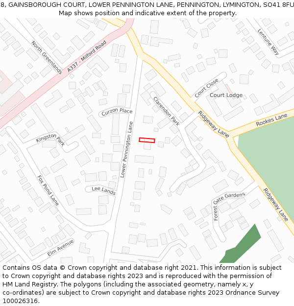 8, GAINSBOROUGH COURT, LOWER PENNINGTON LANE, PENNINGTON, LYMINGTON, SO41 8FU: Location map and indicative extent of plot