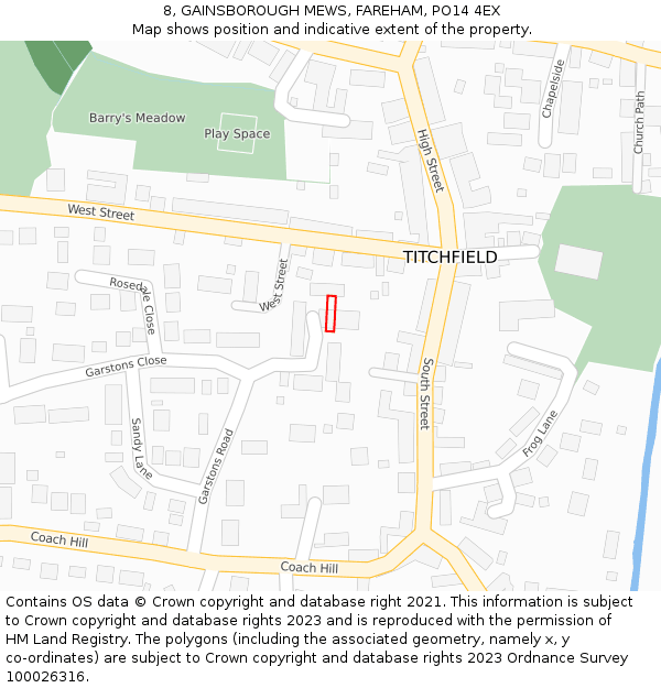 8, GAINSBOROUGH MEWS, FAREHAM, PO14 4EX: Location map and indicative extent of plot