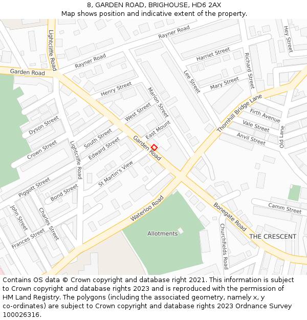 8, GARDEN ROAD, BRIGHOUSE, HD6 2AX: Location map and indicative extent of plot
