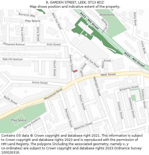 8, GARDEN STREET, LEEK, ST13 8DZ: Location map and indicative extent of plot