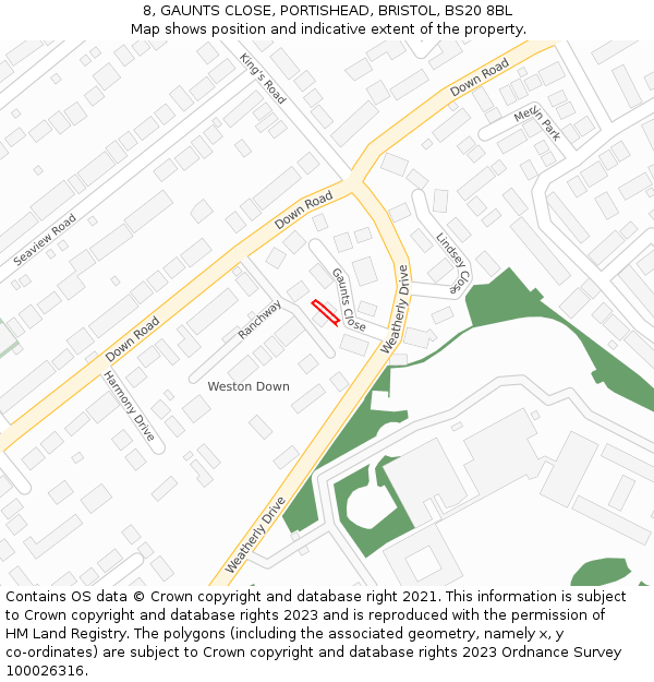 8, GAUNTS CLOSE, PORTISHEAD, BRISTOL, BS20 8BL: Location map and indicative extent of plot
