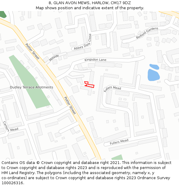 8, GLAN AVON MEWS, HARLOW, CM17 9DZ: Location map and indicative extent of plot