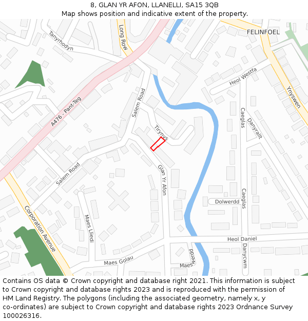 8, GLAN YR AFON, LLANELLI, SA15 3QB: Location map and indicative extent of plot