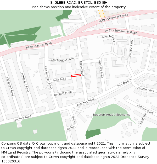 8, GLEBE ROAD, BRISTOL, BS5 8JH: Location map and indicative extent of plot