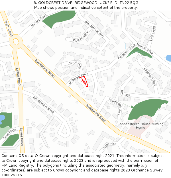 8, GOLDCREST DRIVE, RIDGEWOOD, UCKFIELD, TN22 5QG: Location map and indicative extent of plot