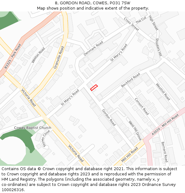 8, GORDON ROAD, COWES, PO31 7SW: Location map and indicative extent of plot