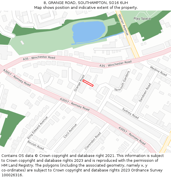 8, GRANGE ROAD, SOUTHAMPTON, SO16 6UH: Location map and indicative extent of plot