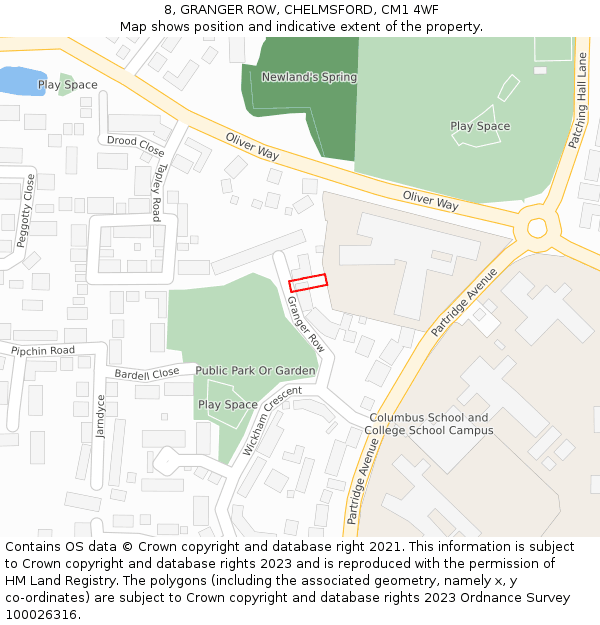 8, GRANGER ROW, CHELMSFORD, CM1 4WF: Location map and indicative extent of plot