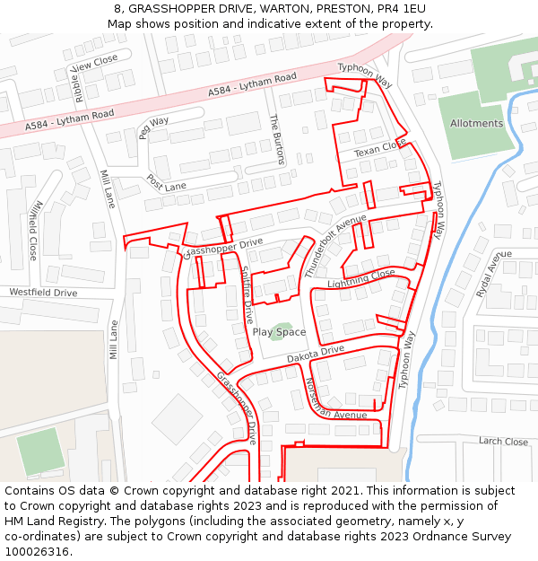 8, GRASSHOPPER DRIVE, WARTON, PRESTON, PR4 1EU: Location map and indicative extent of plot