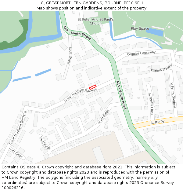 8, GREAT NORTHERN GARDENS, BOURNE, PE10 9EH: Location map and indicative extent of plot