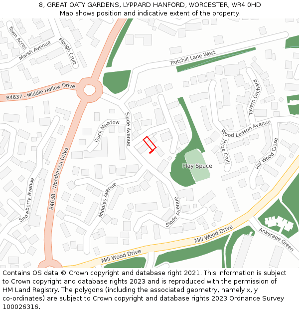 8, GREAT OATY GARDENS, LYPPARD HANFORD, WORCESTER, WR4 0HD: Location map and indicative extent of plot
