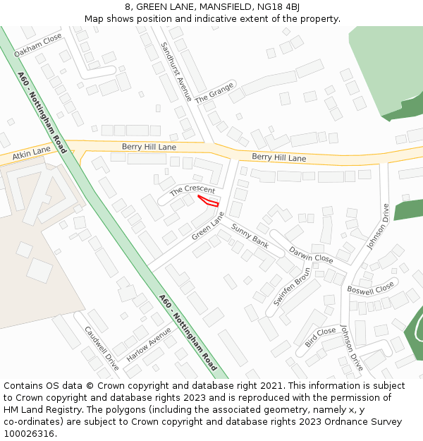 8, GREEN LANE, MANSFIELD, NG18 4BJ: Location map and indicative extent of plot