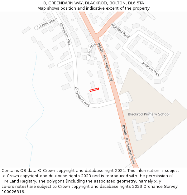 8, GREENBARN WAY, BLACKROD, BOLTON, BL6 5TA: Location map and indicative extent of plot