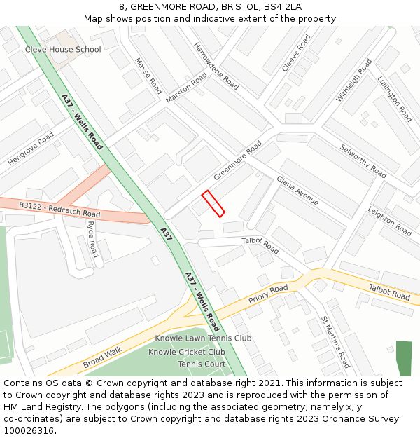 8, GREENMORE ROAD, BRISTOL, BS4 2LA: Location map and indicative extent of plot