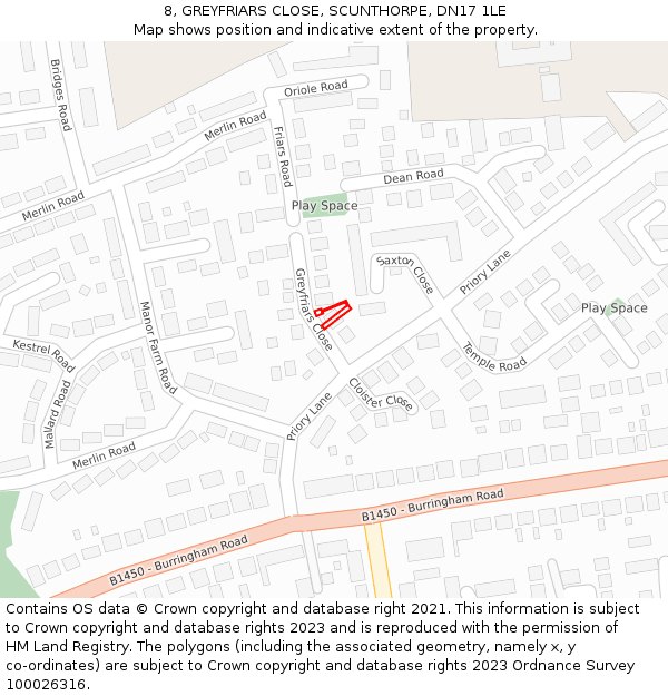 8, GREYFRIARS CLOSE, SCUNTHORPE, DN17 1LE: Location map and indicative extent of plot