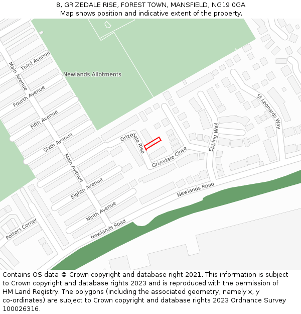 8, GRIZEDALE RISE, FOREST TOWN, MANSFIELD, NG19 0GA: Location map and indicative extent of plot