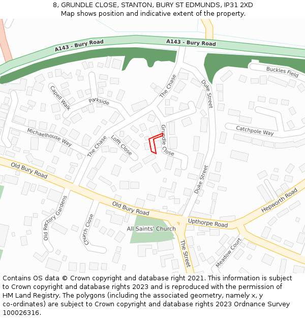 8, GRUNDLE CLOSE, STANTON, BURY ST EDMUNDS, IP31 2XD: Location map and indicative extent of plot