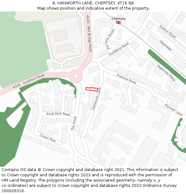 8, HANWORTH LANE, CHERTSEY, KT16 9JX: Location map and indicative extent of plot
