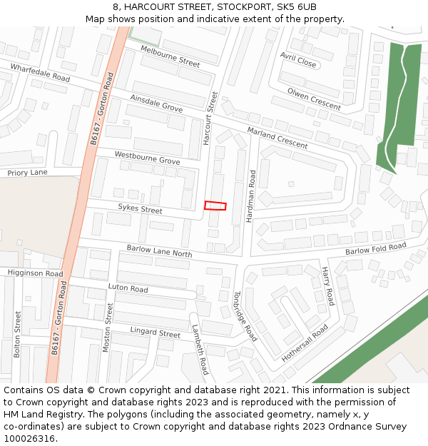 8, HARCOURT STREET, STOCKPORT, SK5 6UB: Location map and indicative extent of plot