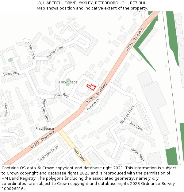 8, HAREBELL DRIVE, YAXLEY, PETERBOROUGH, PE7 3UL: Location map and indicative extent of plot
