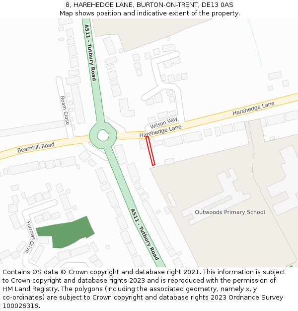 8, HAREHEDGE LANE, BURTON-ON-TRENT, DE13 0AS: Location map and indicative extent of plot