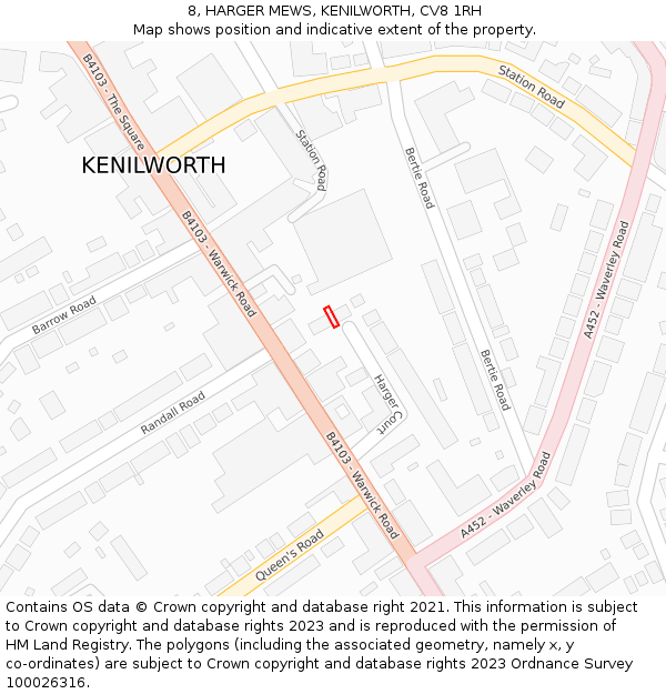8, HARGER MEWS, KENILWORTH, CV8 1RH: Location map and indicative extent of plot