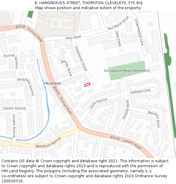 8, HARGREAVES STREET, THORNTON-CLEVELEYS, FY5 4HJ: Location map and indicative extent of plot