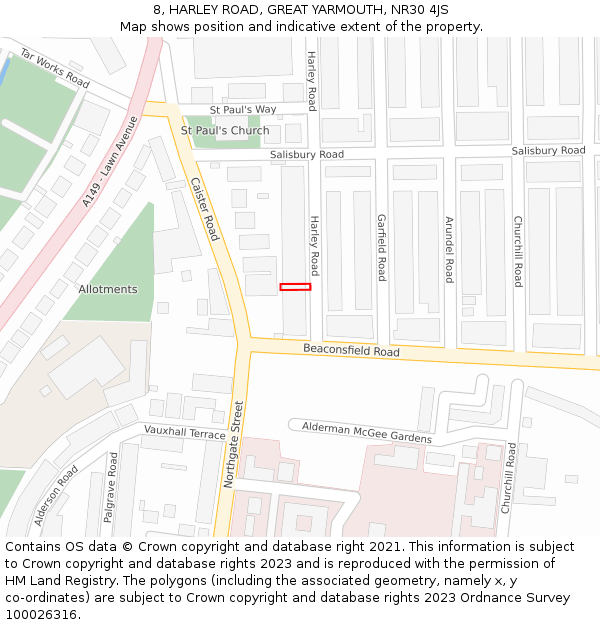 8, HARLEY ROAD, GREAT YARMOUTH, NR30 4JS: Location map and indicative extent of plot