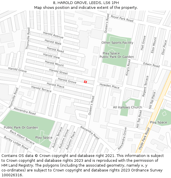 8, HAROLD GROVE, LEEDS, LS6 1PH: Location map and indicative extent of plot