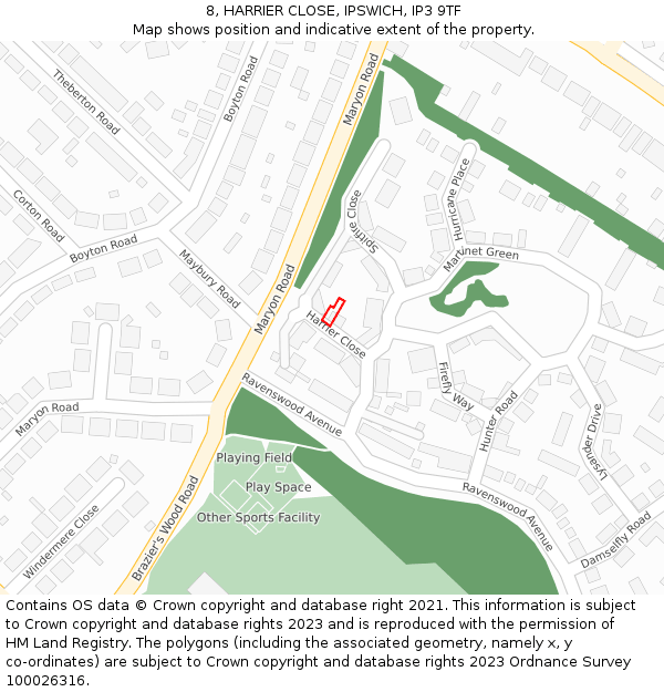 8, HARRIER CLOSE, IPSWICH, IP3 9TF: Location map and indicative extent of plot
