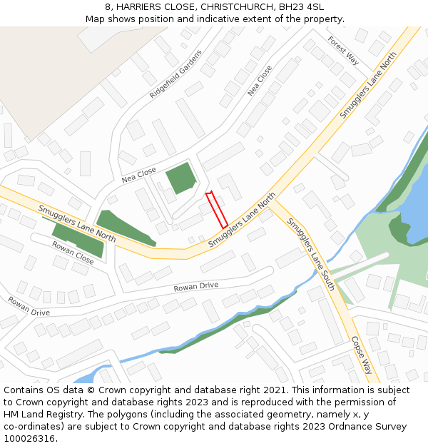 8, HARRIERS CLOSE, CHRISTCHURCH, BH23 4SL: Location map and indicative extent of plot