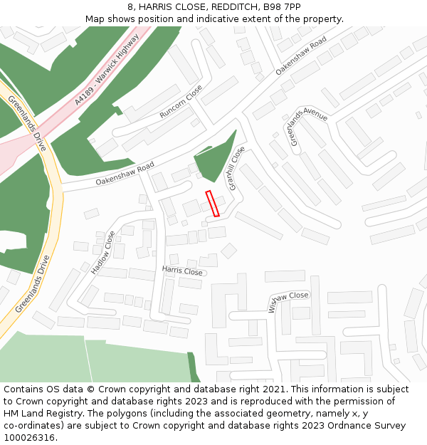 8, HARRIS CLOSE, REDDITCH, B98 7PP: Location map and indicative extent of plot