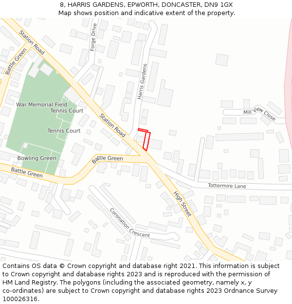 8, HARRIS GARDENS, EPWORTH, DONCASTER, DN9 1GX: Location map and indicative extent of plot