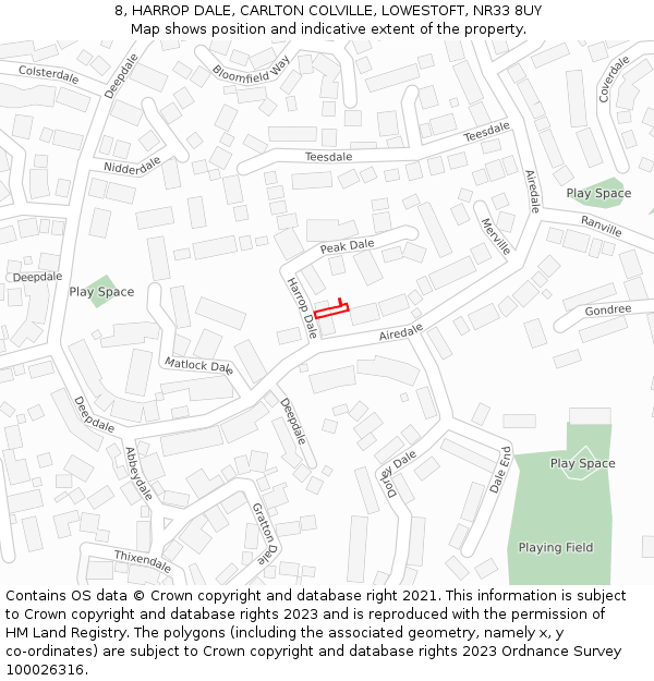 8, HARROP DALE, CARLTON COLVILLE, LOWESTOFT, NR33 8UY: Location map and indicative extent of plot
