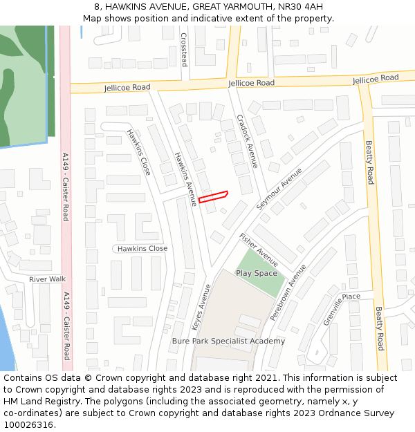8, HAWKINS AVENUE, GREAT YARMOUTH, NR30 4AH: Location map and indicative extent of plot