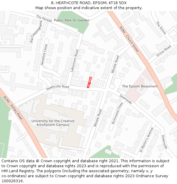 8, HEATHCOTE ROAD, EPSOM, KT18 5DX: Location map and indicative extent of plot