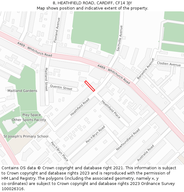 8, HEATHFIELD ROAD, CARDIFF, CF14 3JY: Location map and indicative extent of plot