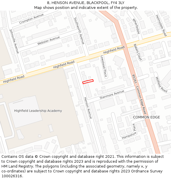 8, HENSON AVENUE, BLACKPOOL, FY4 3LY: Location map and indicative extent of plot