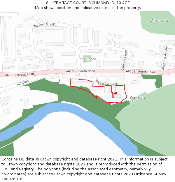 8, HERMITAGE COURT, RICHMOND, DL10 4GE: Location map and indicative extent of plot