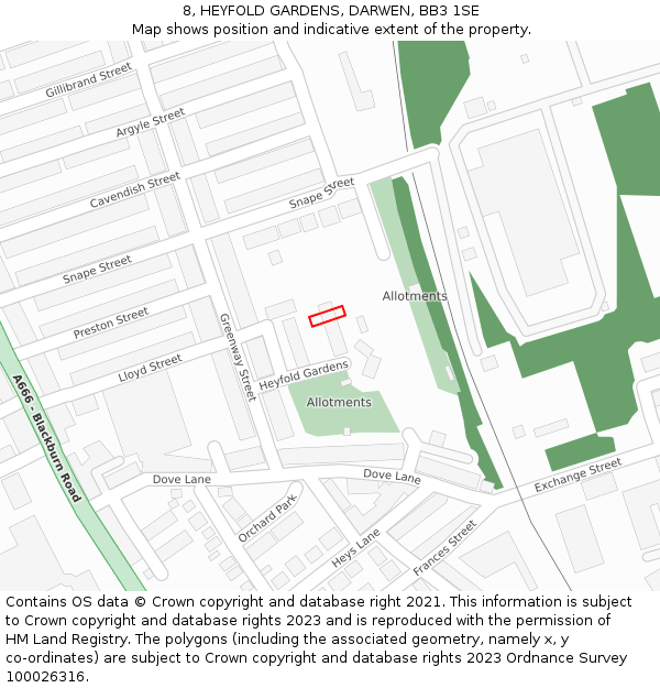 8, HEYFOLD GARDENS, DARWEN, BB3 1SE: Location map and indicative extent of plot