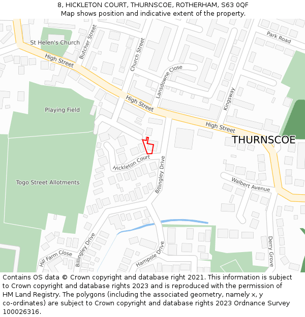 8, HICKLETON COURT, THURNSCOE, ROTHERHAM, S63 0QF: Location map and indicative extent of plot