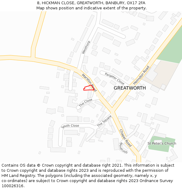 8, HICKMAN CLOSE, GREATWORTH, BANBURY, OX17 2FA: Location map and indicative extent of plot